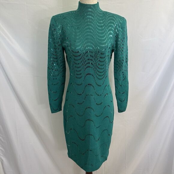 ST. JOHN Metallic Waves Paillette Santana Knit Dress 6/8 Sequins Turquoise - Picture 2 of 10